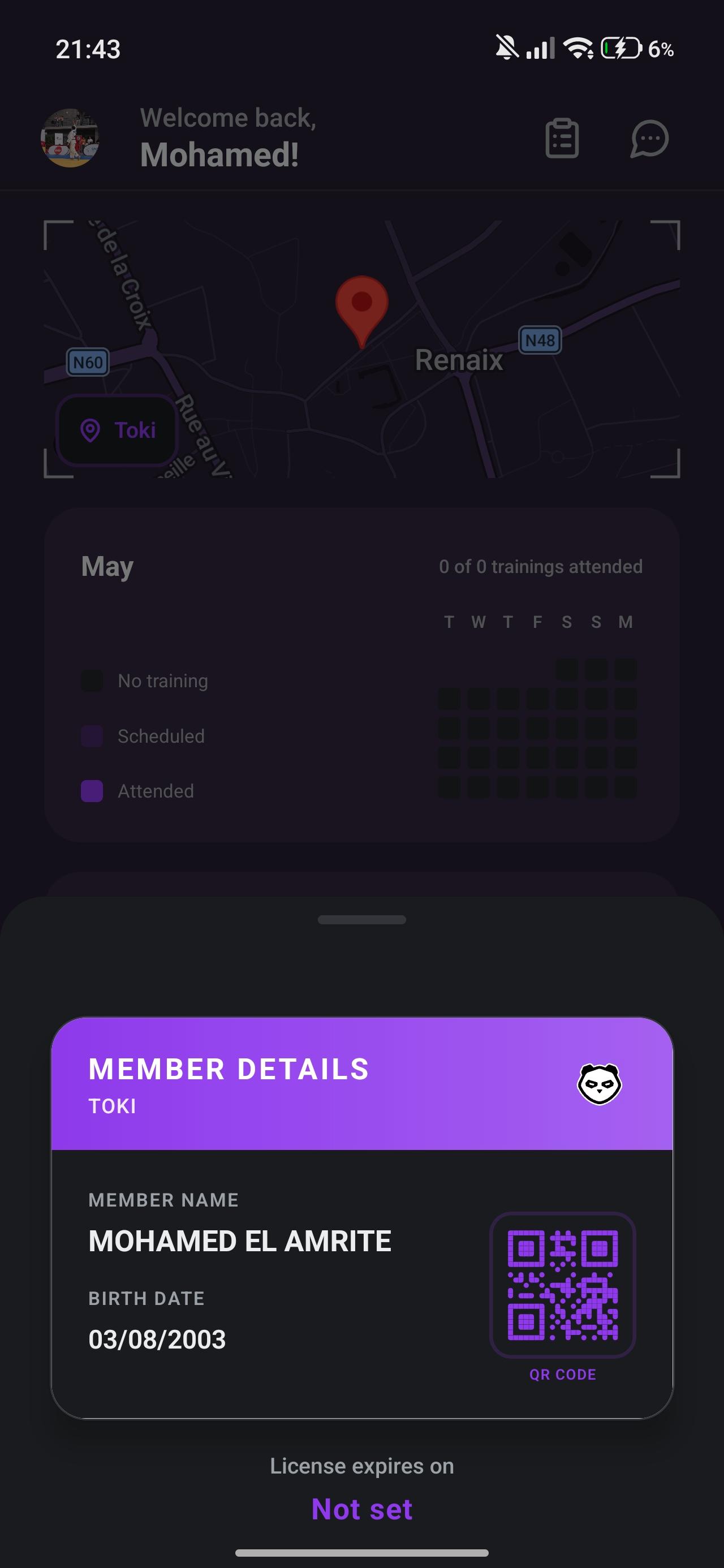 Toki mobile app — QR check-in screen